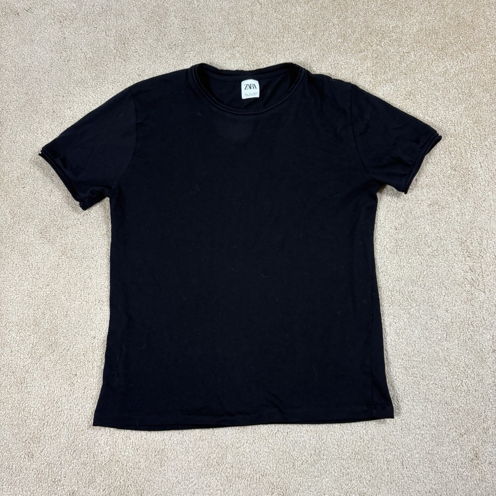 ZARA Men's Black Solid Crew Neck Short Sleeve Cotton Knit T-Shirt Size Large L